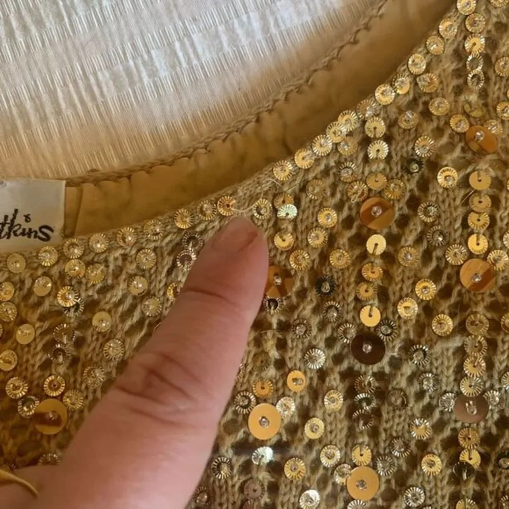 Vtg 60s Gold Sequin Knit Lace Sweater Vest Wool Hand Beaded Holiday Mod sz 40 - Picture 7 of 9